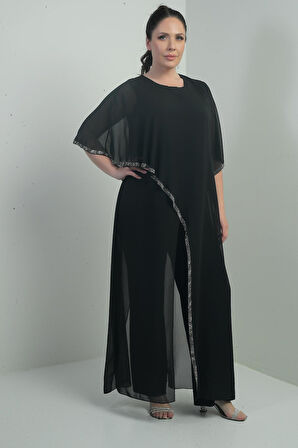 Kadın Üstü Şifon Taş Detaylı İspanyol Kollu Bol Paça Büyük Beden Likralı Tulum