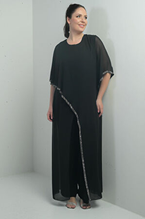 Kadın Üstü Şifon Taş Detaylı İspanyol Kollu Bol Paça Büyük Beden Likralı Tulum