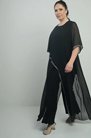 Kadın Üstü Şifon Taş Detaylı İspanyol Kollu Bol Paça Büyük Beden Likralı Tulum