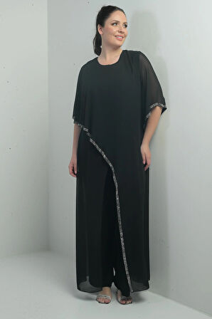 Kadın Üstü Şifon Taş Detaylı İspanyol Kollu Bol Paça Büyük Beden Likralı Tulum