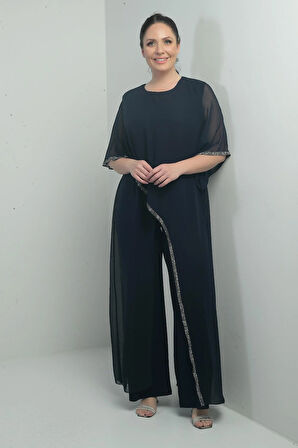 Kadın Üstü Şifon Taş Detaylı İspanyol Kollu Bol Paça Büyük Beden Likralı Tulum