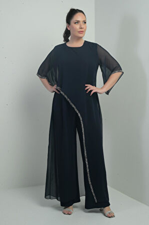 Kadın Üstü Şifon Taş Detaylı İspanyol Kollu Bol Paça Büyük Beden Likralı Tulum