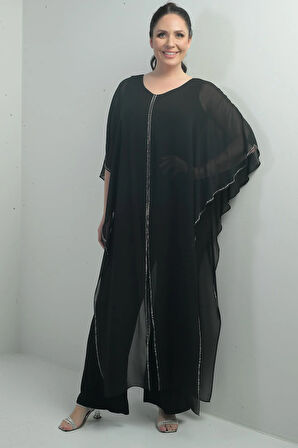 Kadın Üstü Şifon Taş Detay Pelerinli Bol Paça Likralı Büyük Beden Tulum