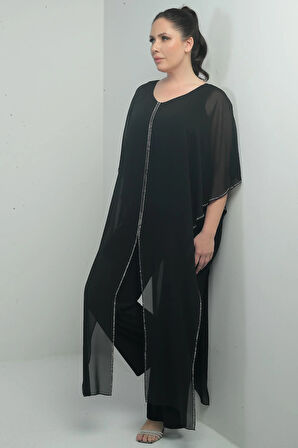 Kadın Üstü Şifon Taş Detay Pelerinli Bol Paça Likralı Büyük Beden Tulum