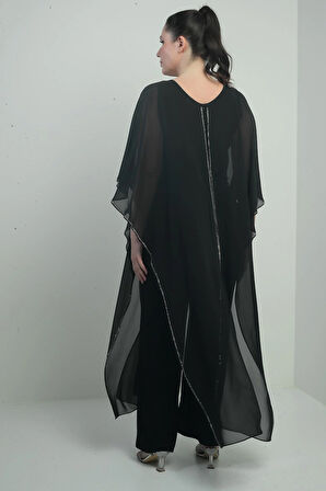 Kadın Üstü Şifon Taş Detay Pelerinli Bol Paça Likralı Büyük Beden Tulum