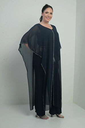 Kadın Üstü Şifon Taş Detay Pelerinli Bol Paça Likralı Büyük Beden Tulum