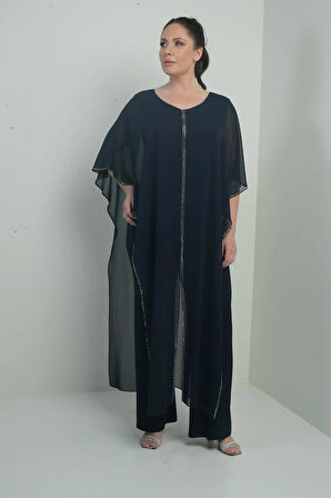 Kadın Üstü Şifon Taş Detay Pelerinli Bol Paça Likralı Büyük Beden Tulum