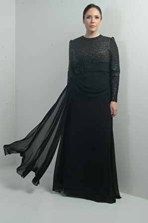 Kadın Üstü Pul-Boncuk Detaylı Astarlı Beli Çiçekli Drapeli Büyük Beden Uzun Şifon Elbise