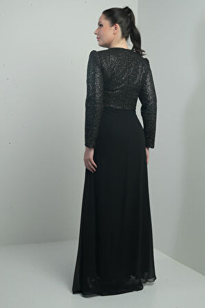 Kadın Üstü Pul-Boncuk Detaylı Astarlı Beli Çiçekli Drapeli Büyük Beden Uzun Şifon Elbise