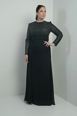 Kadın Üstü Pul-Boncuk Detaylı Astarlı Beli Çiçekli Drapeli Büyük Beden Uzun Şifon Elbise