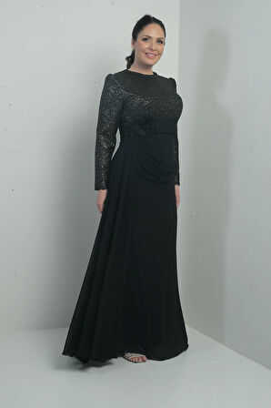 Kadın Üstü Pul-Boncuk Detaylı Astarlı Beli Çiçekli Drapeli Büyük Beden Uzun Şifon Elbise