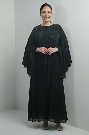 Kadın Üstü Taş Boncuk Baskılı Pelerin Astarlı Uzun Şifon Büyük Beden Elbise