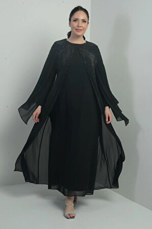 Kadın Üstü Taş Boncuk Baskılı Pelerin Astarlı Uzun Şifon Büyük Beden Elbise