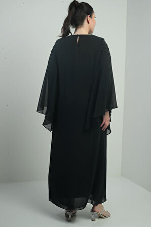 Kadın Üstü Taş Boncuk Baskılı Pelerin Astarlı Uzun Şifon Büyük Beden Elbise