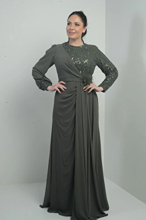 Kadın Üstü Pul-Boncuk İşlemeli Astarlı Beli Çiçekli Büyük Beden Uzun Şifon Elbise