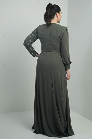 Kadın Üstü Pul-Boncuk İşlemeli Astarlı Beli Çiçekli Büyük Beden Uzun Şifon Elbise