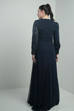 Kadın Üstü Pul-Boncuk İşlemeli Astarlı Beli Çiçekli Büyük Beden Uzun Şifon Elbise