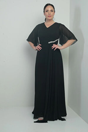 Kadın V Yaka Beli Taşlı Drapeli Astarlı Büyük Beden Uzun Şifon Elbise