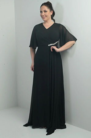 Kadın V Yaka Beli Taşlı Drapeli Astarlı Büyük Beden Uzun Şifon Elbise