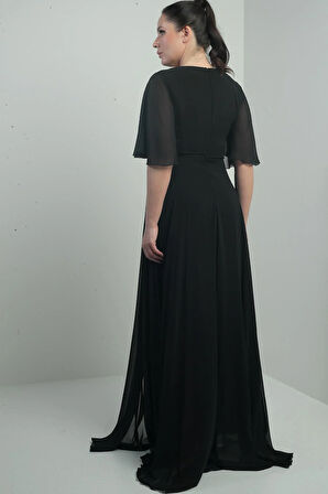 Kadın V Yaka Beli Taşlı Drapeli Astarlı Büyük Beden Uzun Şifon Elbise