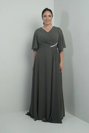 Kadın V Yaka Beli Taşlı Drapeli Astarlı Büyük Beden Uzun Şifon Elbise