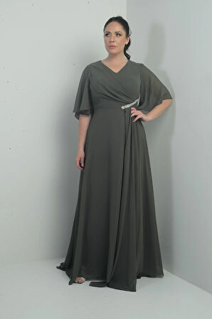 Kadın V Yaka Beli Taşlı Drapeli Astarlı Büyük Beden Uzun Şifon Elbise