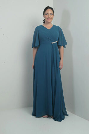 Kadın V Yaka Beli Taşlı Drapeli Astarlı Büyük Beden Uzun Şifon Elbise