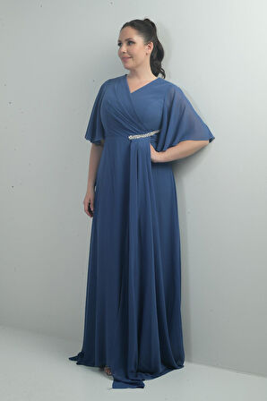 Kadın V Yaka Beli Taşlı Drapeli Astarlı Büyük Beden Uzun Şifon Elbise