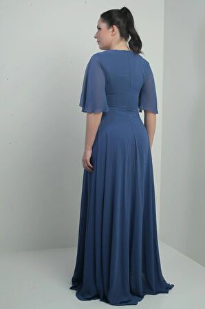 Kadın V Yaka Beli Taşlı Drapeli Astarlı Büyük Beden Uzun Şifon Elbise