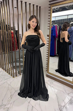 Kadın Yakası Süngerli Astarlı Simli Uzun Tül Elbise