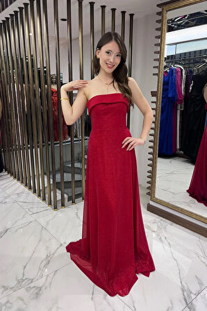 Kadın Yakası Süngerli Astarlı Simli Uzun Tül Elbise