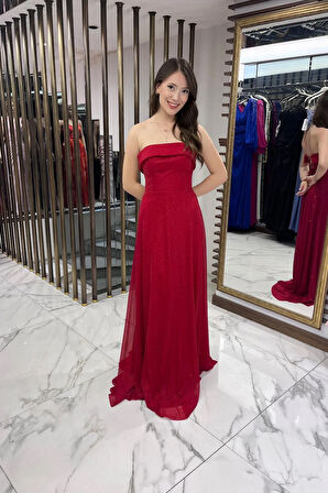 Kadın Yakası Süngerli Astarlı Simli Uzun Tül Elbise