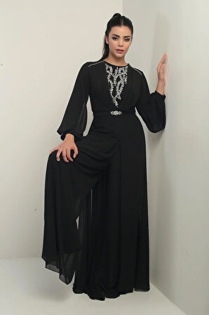 Kadın Ön Arka Taş Detaylı Astarlı Bol Paça Şifon Tulum