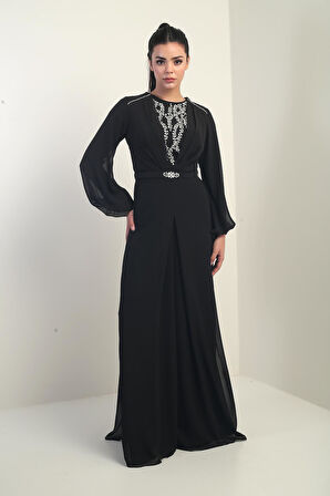 Kadın Ön Arka Taş Detaylı Astarlı Bol Paça Şifon Tulum