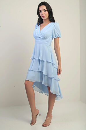 Kadın Kruvaze Yaka Arkası Fermuarlı Katkat Pileli Şifon Elbise