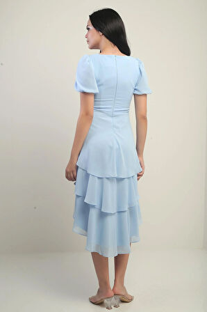 Kadın Kruvaze Yaka Arkası Fermuarlı Katkat Pileli Şifon Elbise