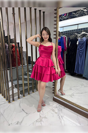 Kadın İp Askılı Arkadan Bağcıklı Eteği Kat Kat Saten Kısa Elbise