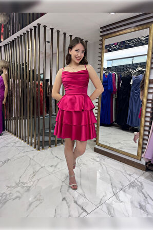 Kadın İp Askılı Arkadan Bağcıklı Eteği Kat Kat Saten Kısa Elbise