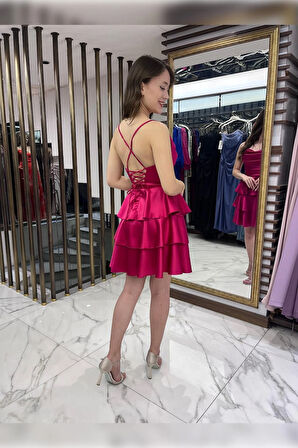 Kadın İp Askılı Arkadan Bağcıklı Eteği Kat Kat Saten Kısa Elbise