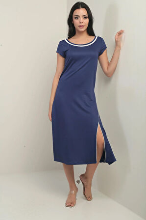 Kadın Madonna Yaka Biye Detaylı Yırtmaçlı Kristal Uzun Elbise