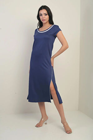 Kadın Madonna Yaka Biye Detaylı Yırtmaçlı Kristal Uzun Elbise