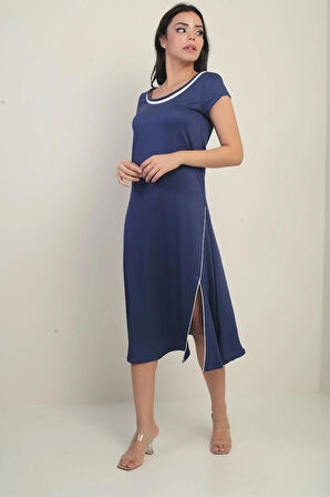 Kadın Madonna Yaka Biye Detaylı Yırtmaçlı Kristal Uzun Elbise