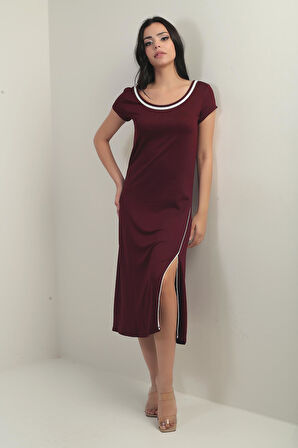 Kadın Madonna Yaka Biye Detaylı Yırtmaçlı Kristal Uzun Elbise