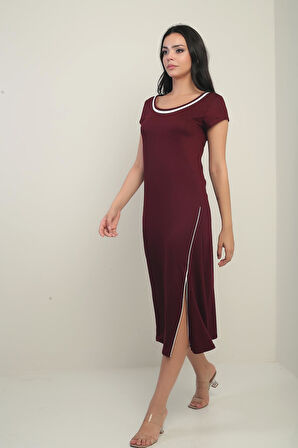 Kadın Madonna Yaka Biye Detaylı Yırtmaçlı Kristal Uzun Elbise