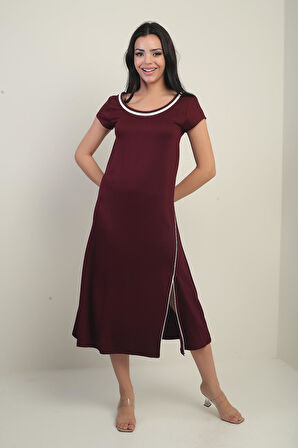 Kadın Madonna Yaka Biye Detaylı Yırtmaçlı Kristal Uzun Elbise