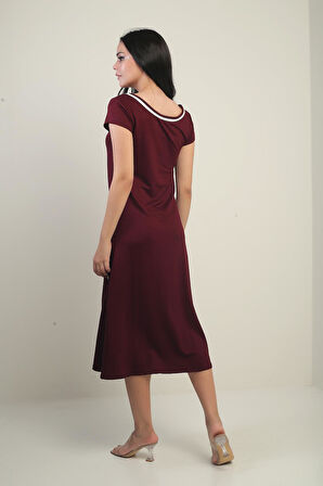 Kadın Madonna Yaka Biye Detaylı Yırtmaçlı Kristal Uzun Elbise