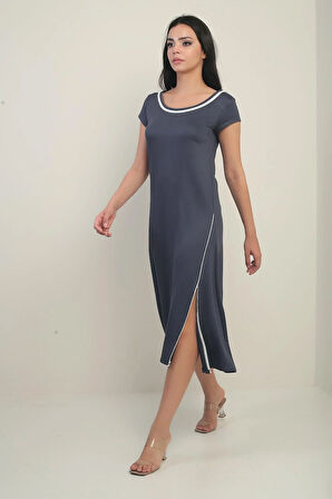 Kadın Madonna Yaka Biye Detaylı Yırtmaçlı Kristal Uzun Elbise