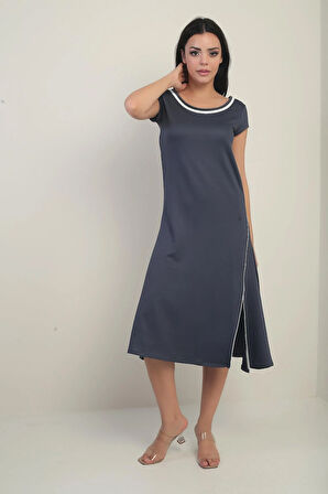 Kadın Madonna Yaka Biye Detaylı Yırtmaçlı Kristal Uzun Elbise