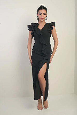 KAdın Omuzu Güllü İşlemeli Astarlı Önü Yırtmaçlı Volanlı Uzun Elbise