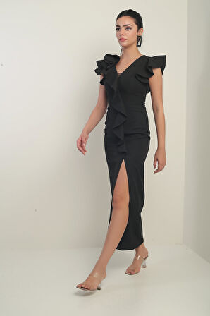 KAdın Omuzu Güllü İşlemeli Astarlı Önü Yırtmaçlı Volanlı Uzun Elbise